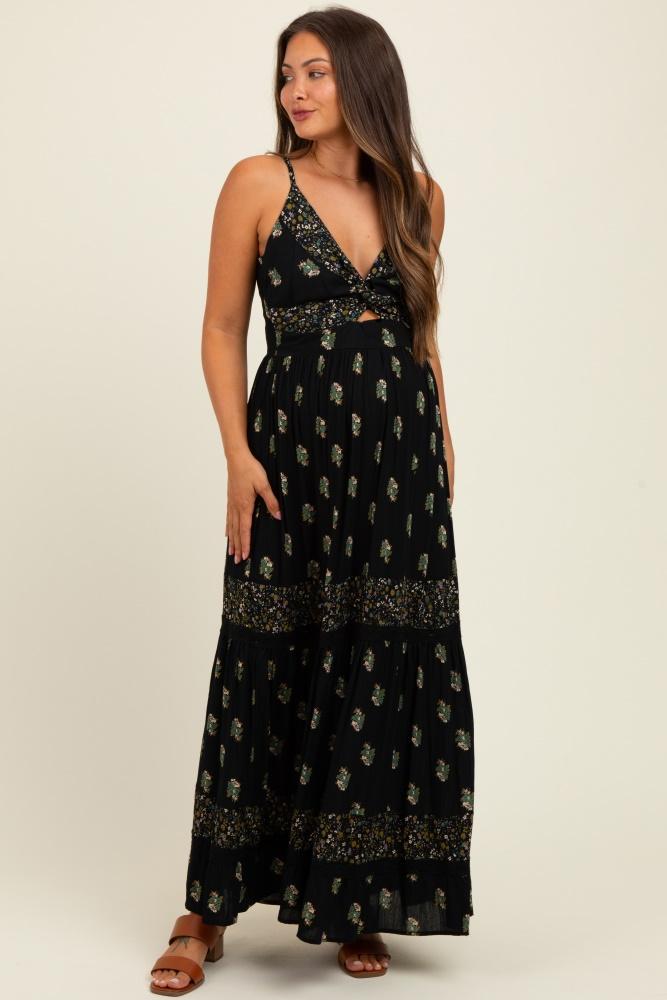 black printed twist front cutout maternity maxi dress