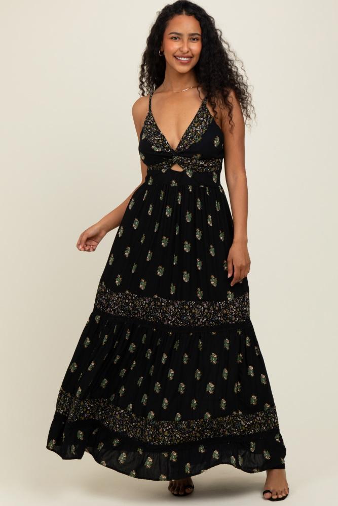 black printed twist front cutout maxi dress
