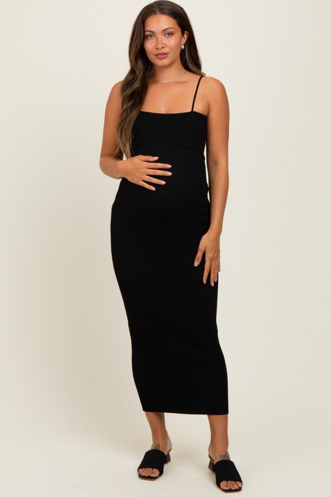 black rib knit off shoulder fitted maternity midi dress