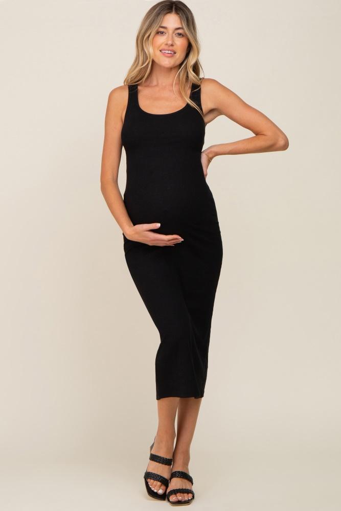 black ribbed basic maternity maxi dress