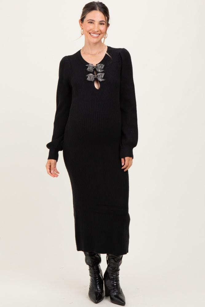black ribbed bow detail maternity midi sweater dress