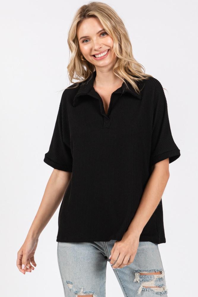 black ribbed collared top