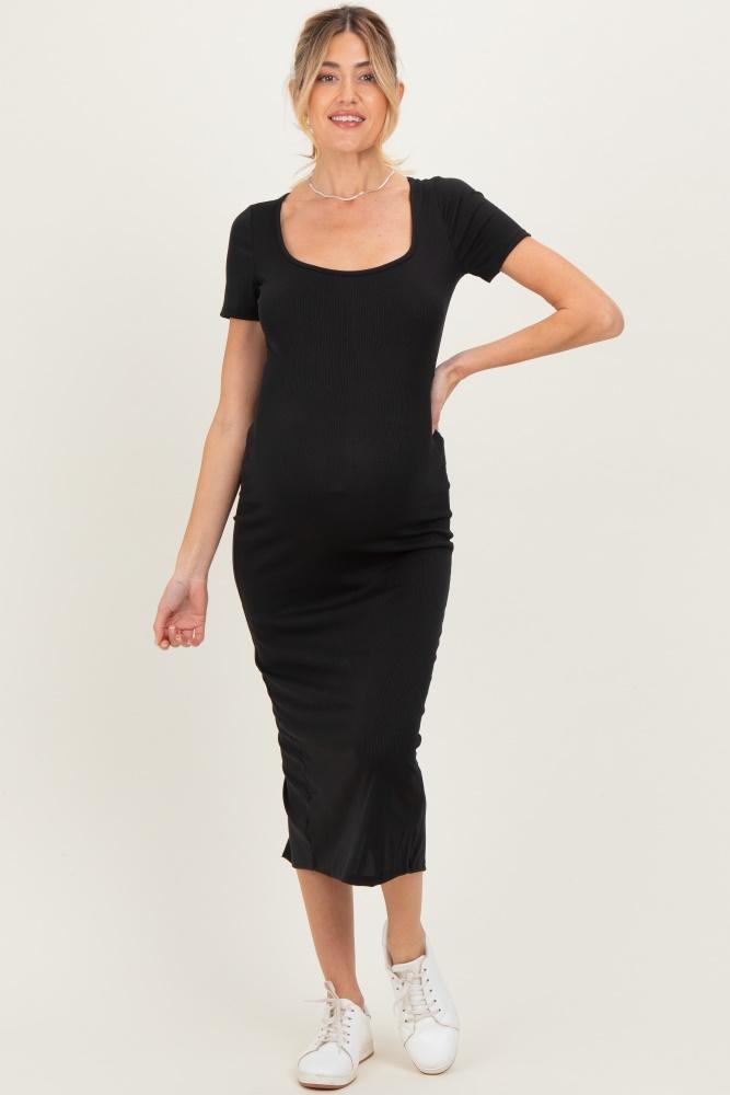 black ribbed fitted maternity midi dress