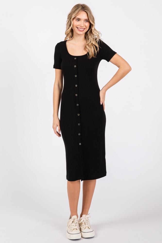 black ribbed front button accent short sleeve midi dress