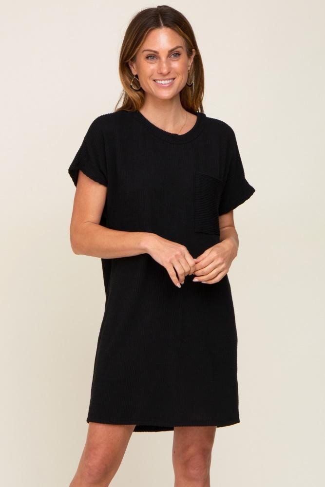 black ribbed front pocket dolman short sleeve dress
