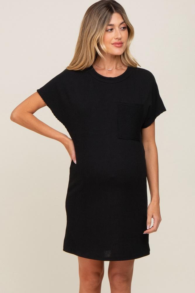 black ribbed front pocket dolman short sleeve maternity dress