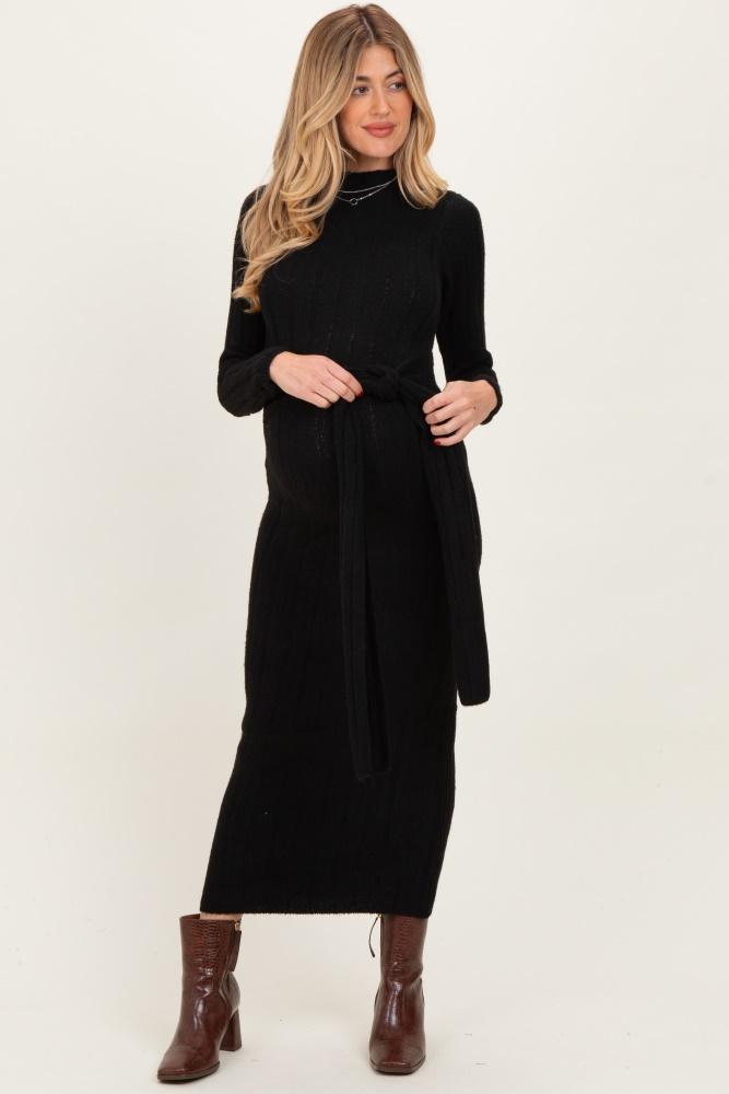 black ribbed front tie maternity maxi sweater dress