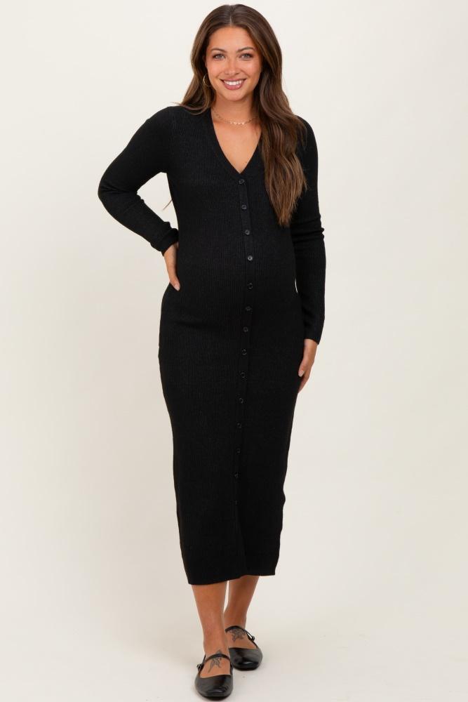 black ribbed knit button down long sleeve maternity midi dress