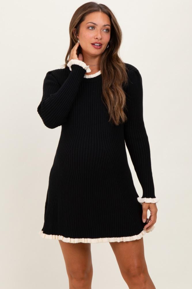 black ribbed knit contrast ruffle trim maternity mini dress