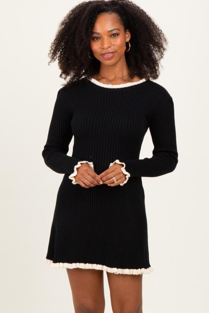 black ribbed knit contrast ruffle trim mini dress