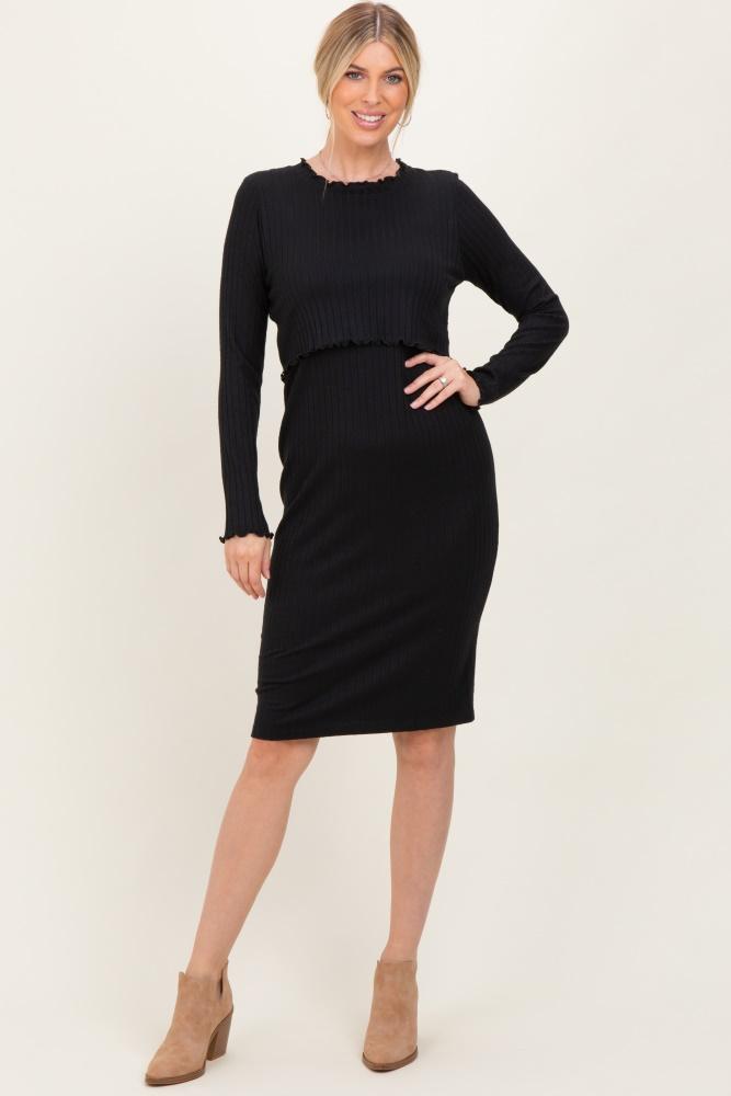 black ribbed knit long sleeve nursing dress