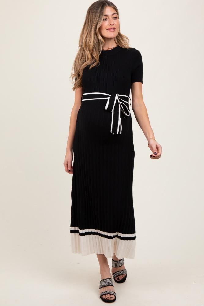 black ribbed knit pleated maternity midi dress