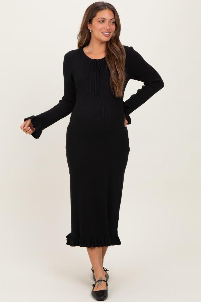 black ribbed knit ruffle trim maternity midi sweater dress