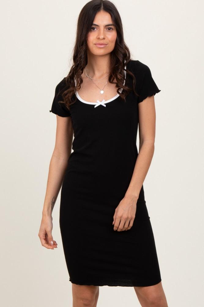 black ribbed knit short sleeve dress