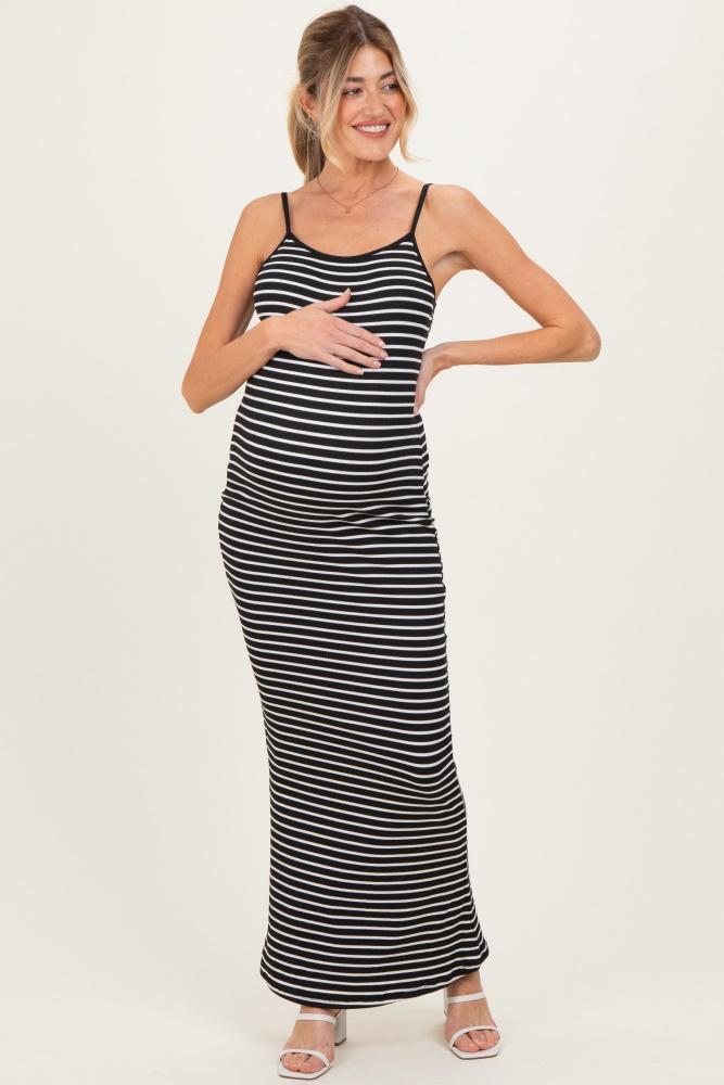 black ribbed knit striped sleeveless maternity maxi dress