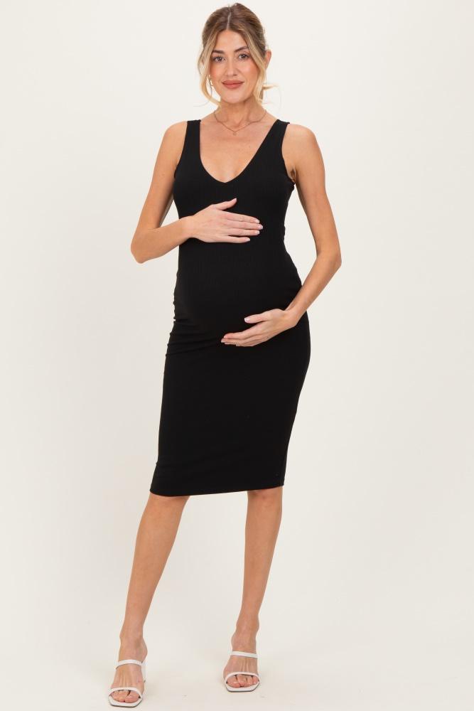 black ribbed knit v-neck maternity tank dress