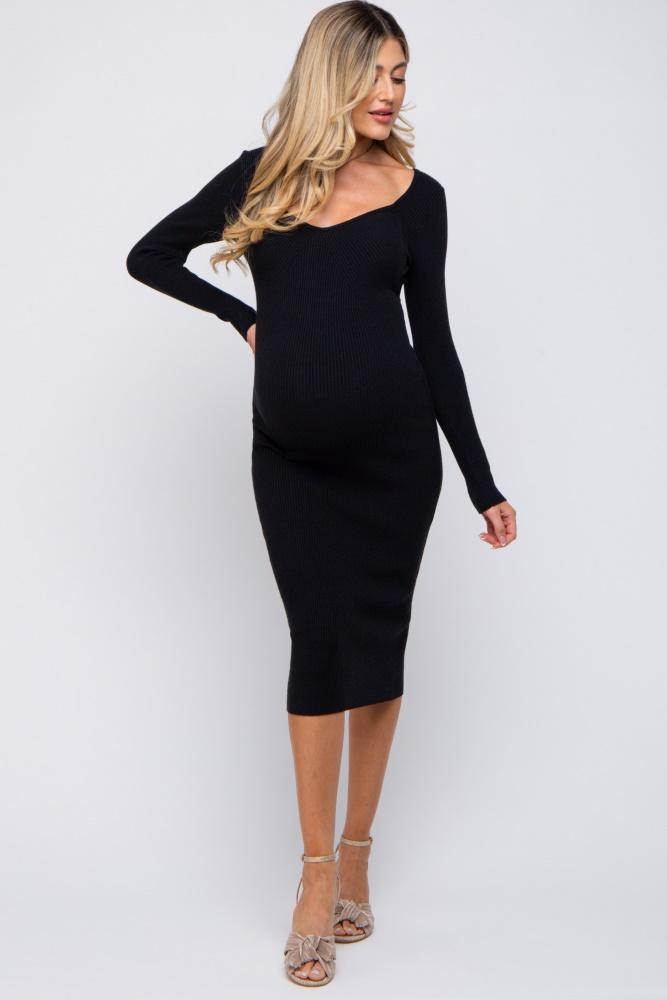 black ribbed long sleeve maternity midi dress