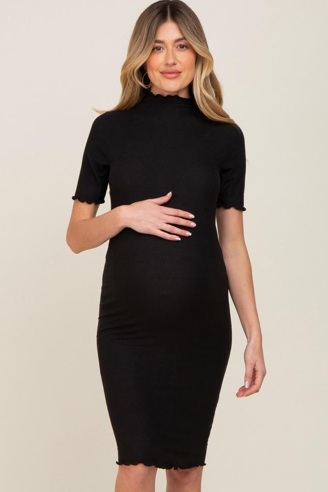 black ribbed mock neck fitted maternity midi dress
