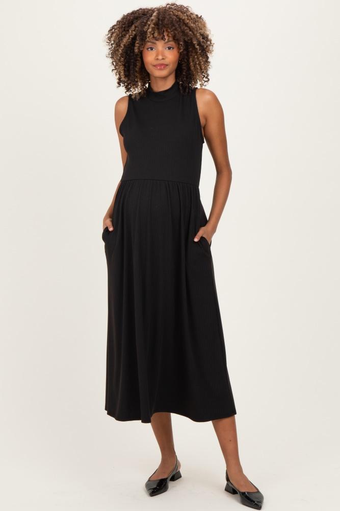 black ribbed mock neck sleeveless maternity midi dress