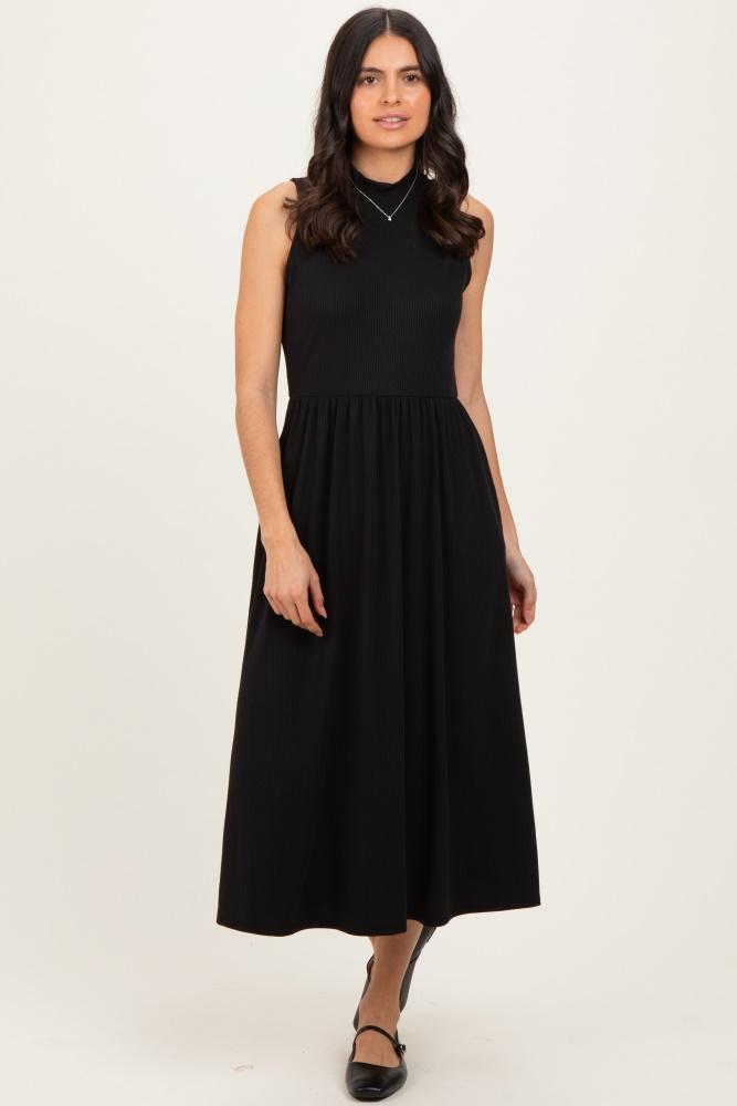black ribbed mock neck sleeveless midi dress