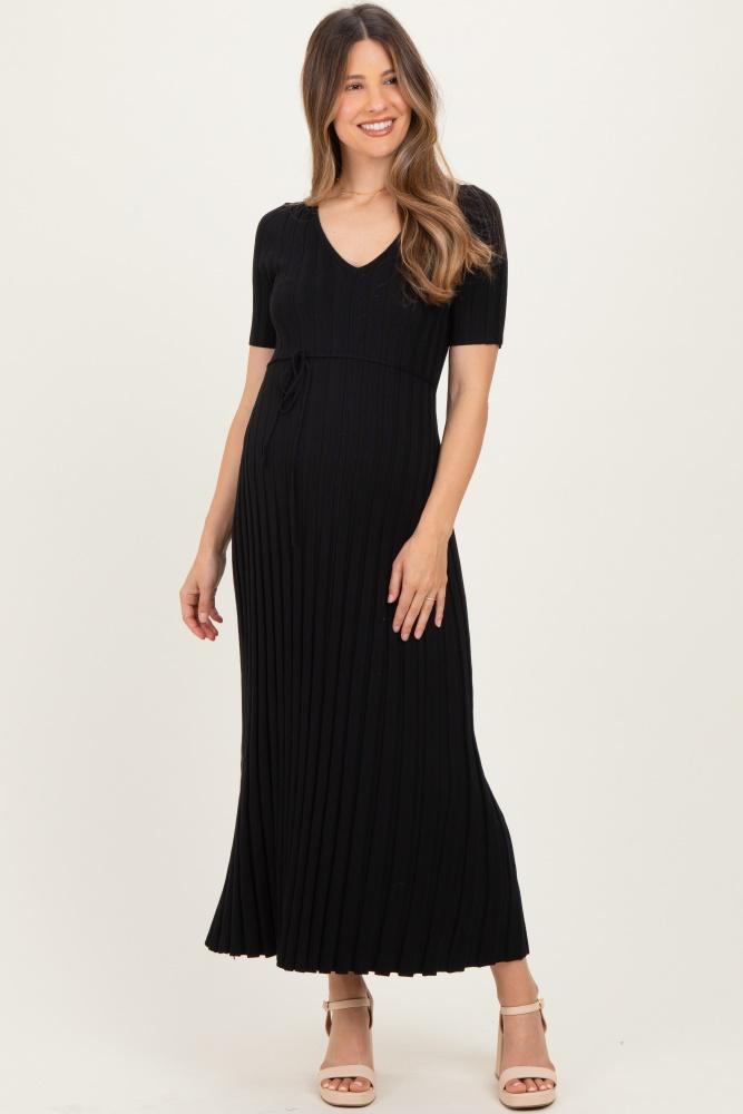 black ribbed short sleeve maternity knit maxi dress