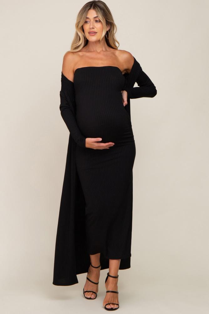 black ribbed sleeveless dress cardigan maternity set