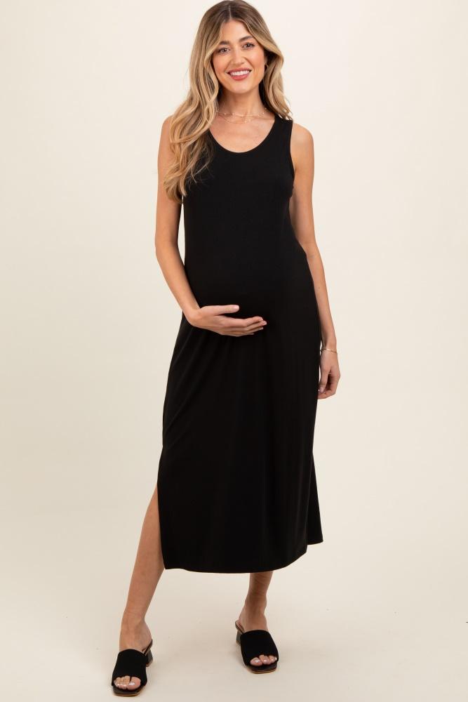 black ribbed sleeveless maternity midi dress