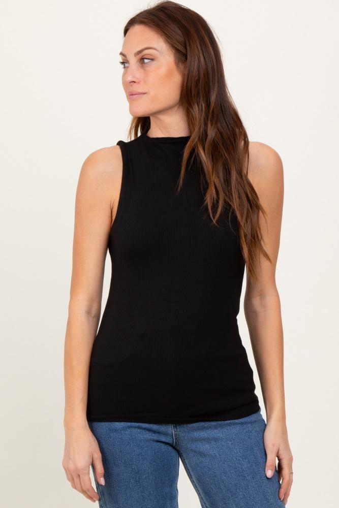 black ribbed sleeveless mock neck top