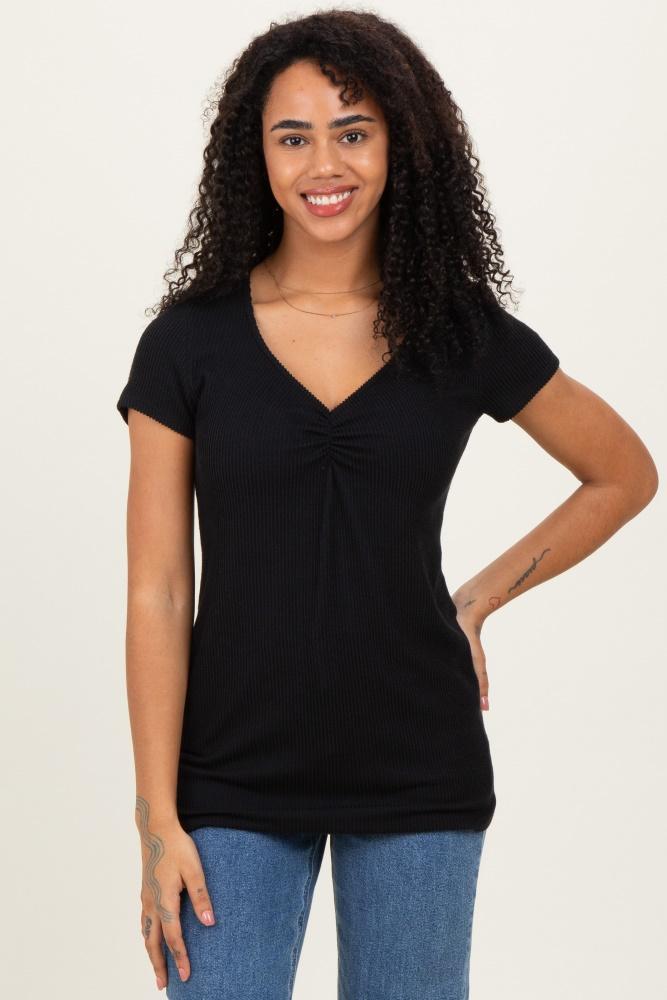 black ribbed sweetheart-neckline top
