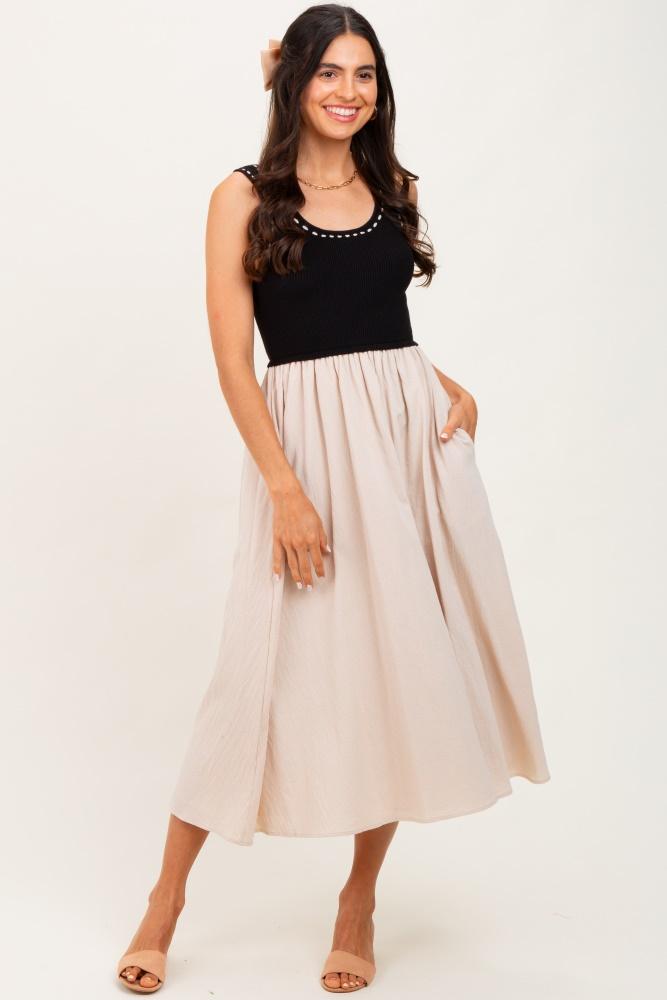 black ribbed top contrast sleeveless midi dress