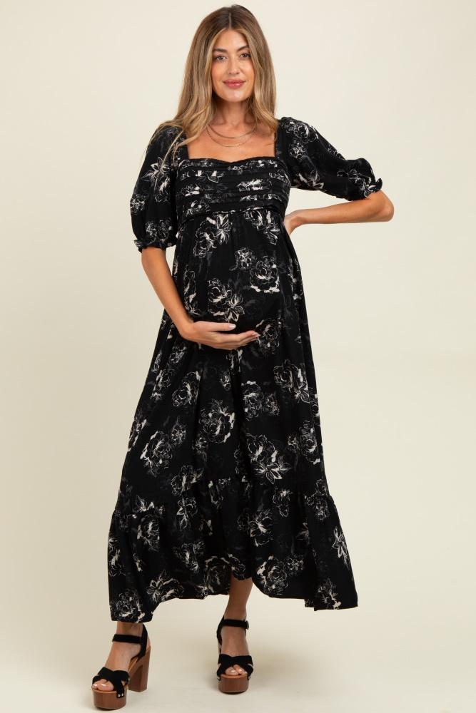 black rose print pleated bodice maternity maxi dress
