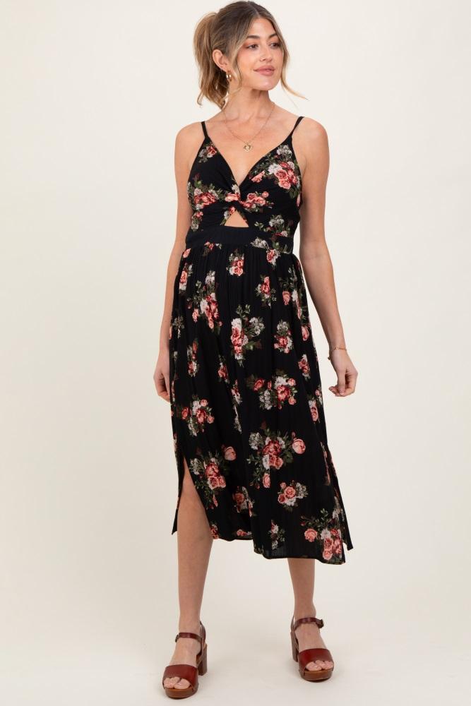 black rose print twist front cutout maternity midi dress