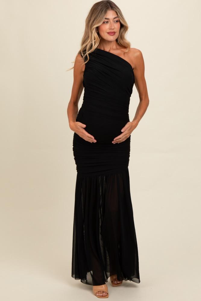 black ruched mesh one shoulder maternity maxi dress