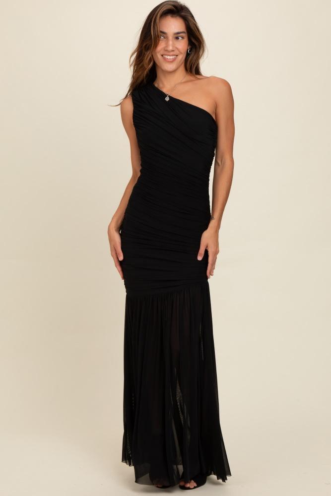 black ruched mesh one shoulder maxi dress