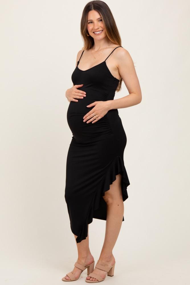 black ruched ruffle detail sleeveless maternity midi dress