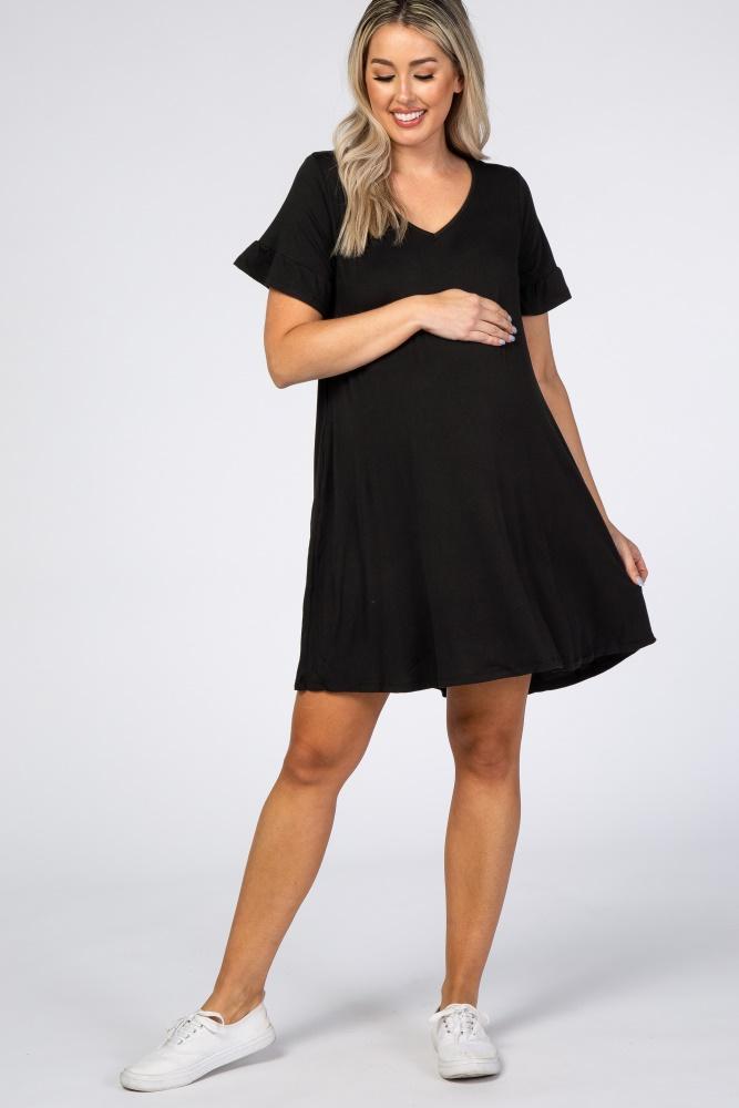 black ruffle sleeve swing maternity dress