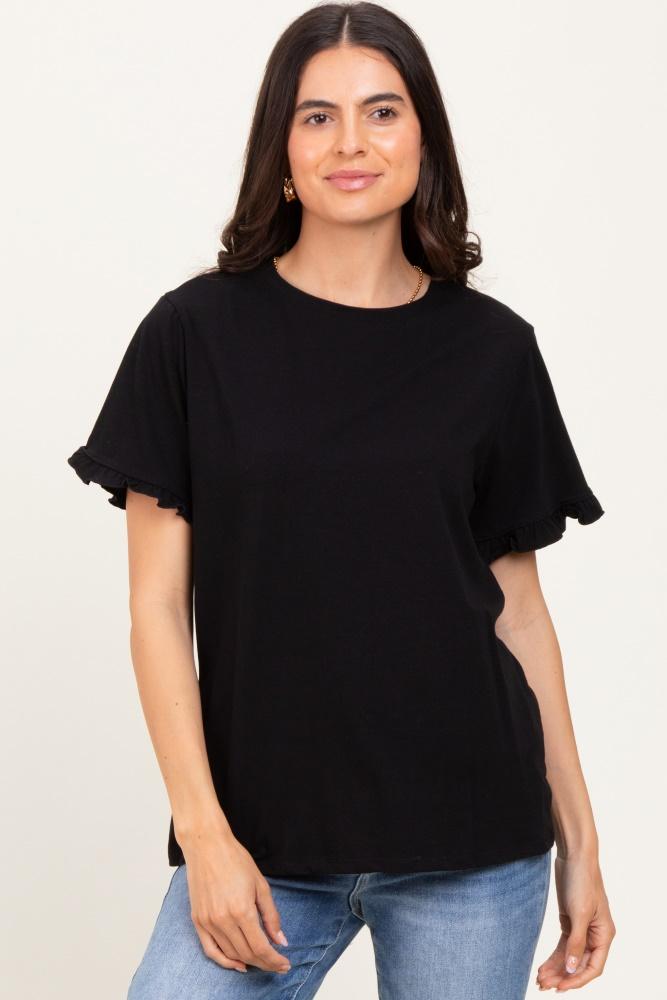 black ruffle trim short sleeve t-shirt