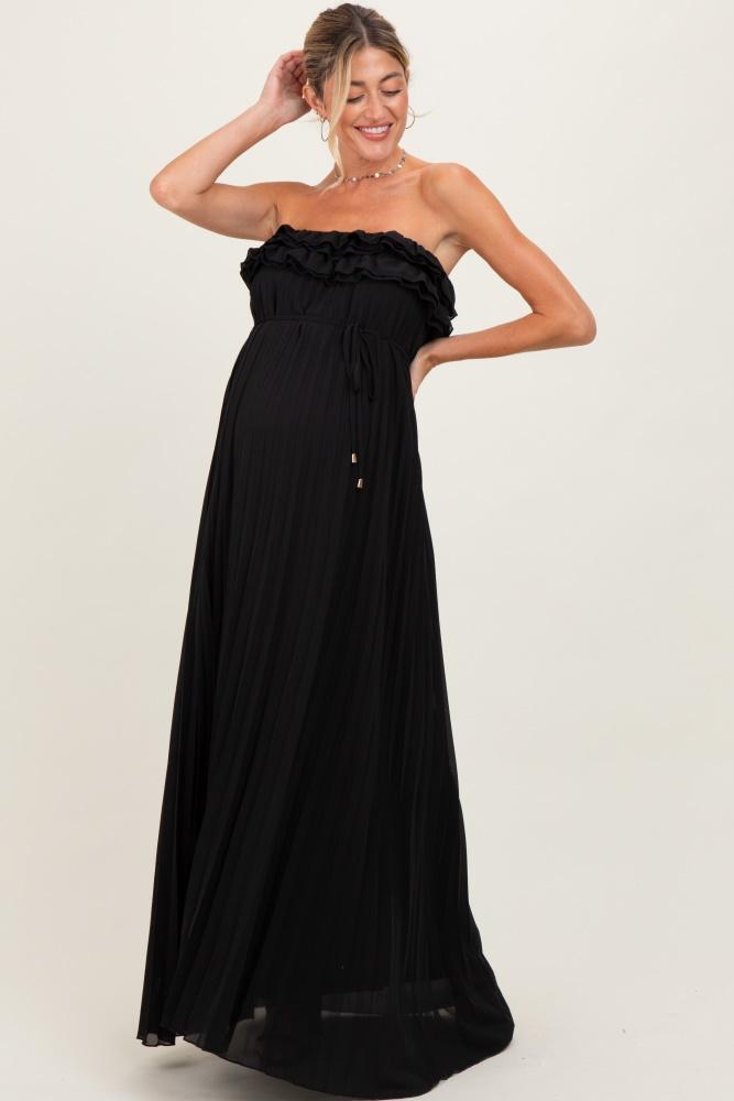 black ruffled chest pleated maternity maxi dress with self tie