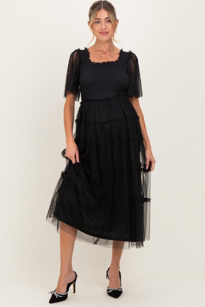 black ruffled mesh maternity maxi dress