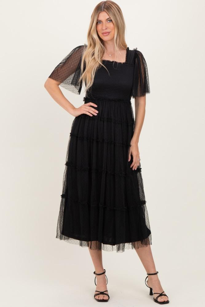 black ruffled mesh maxi dress