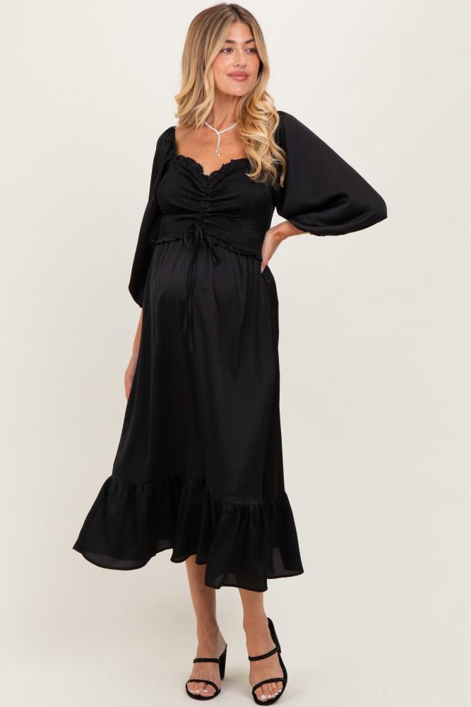 black satin smocked cinched bust maternity midi dress