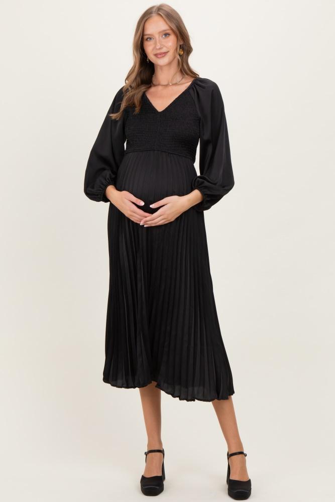 black satin smocked pleated maternity midi dress