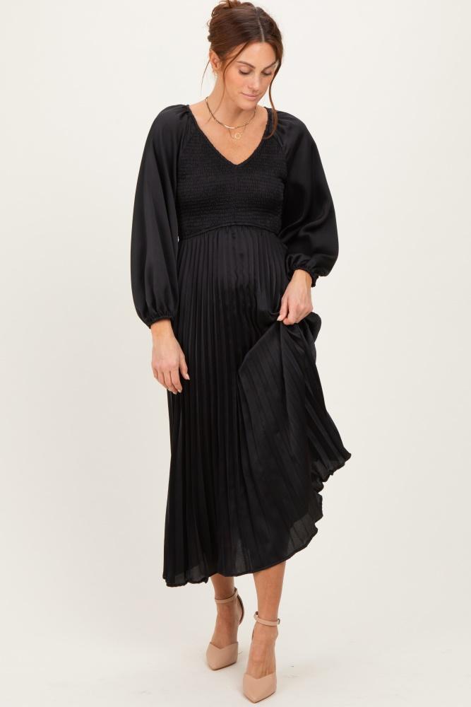 black satin smocked pleated midi dress