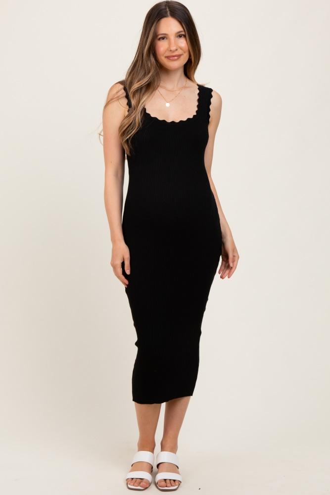 black scallop trim ribbed knit sleeveless maternity midi dress