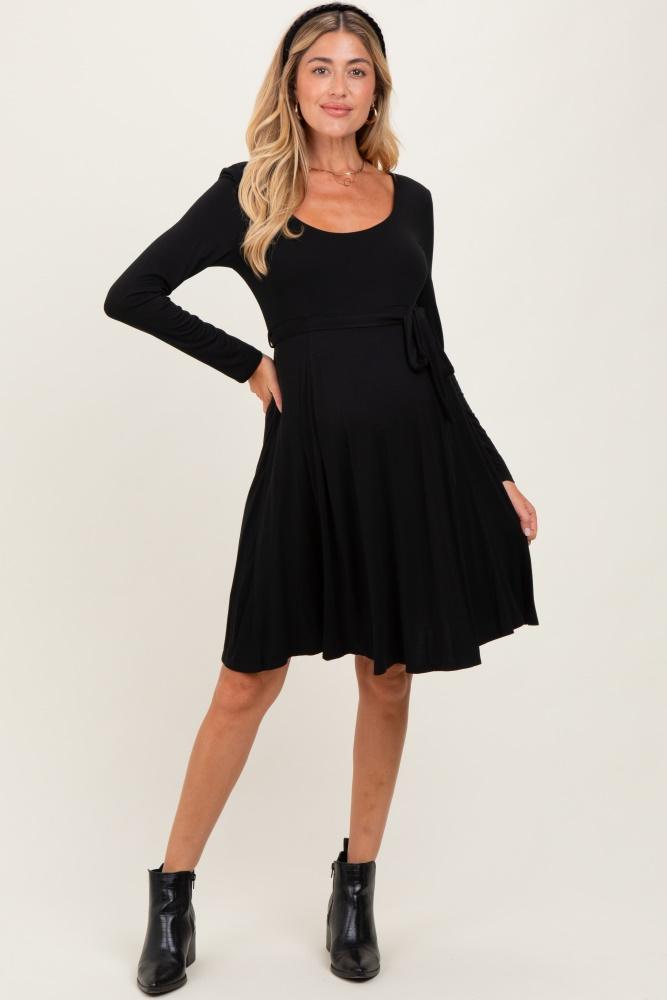 black scoop neck long sleeve waist tie maternity dress