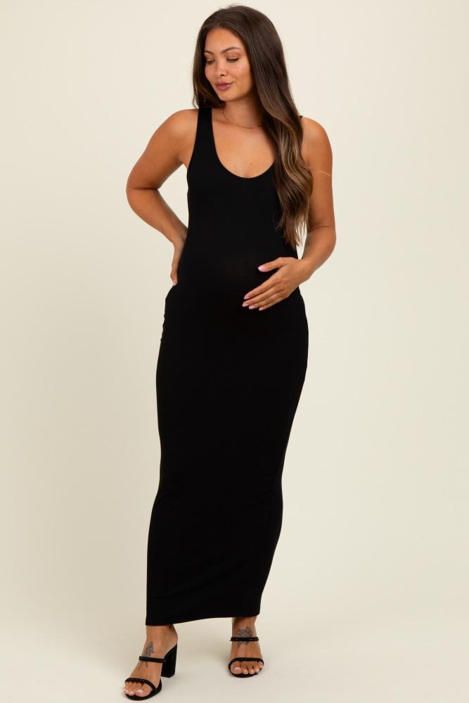 black scoop neck sleeveless rayon rib maternity maxi knit dress