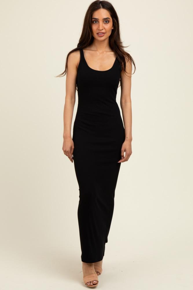 black scoop neck sleeveless rayon rib maxi knit dress