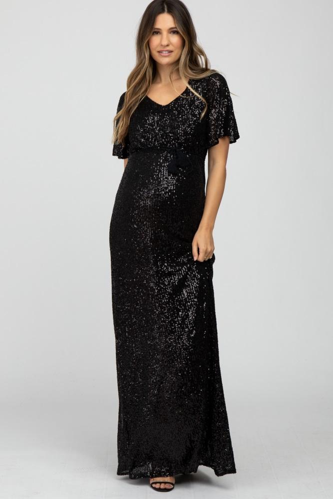 black sequin short sleeve maternity maxi dress