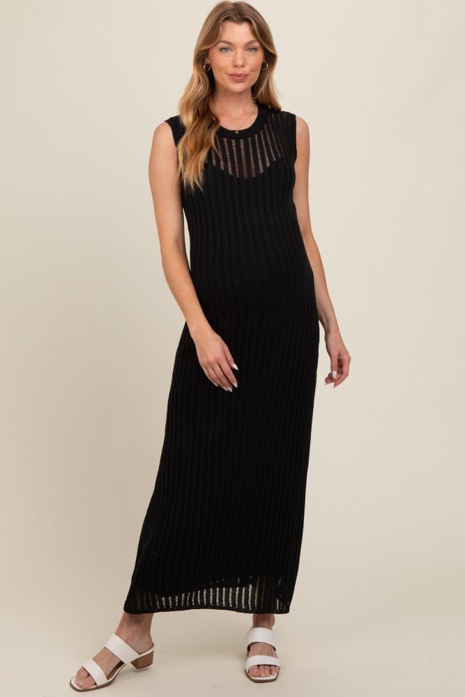 black sheer knit layered maternity maxi dress