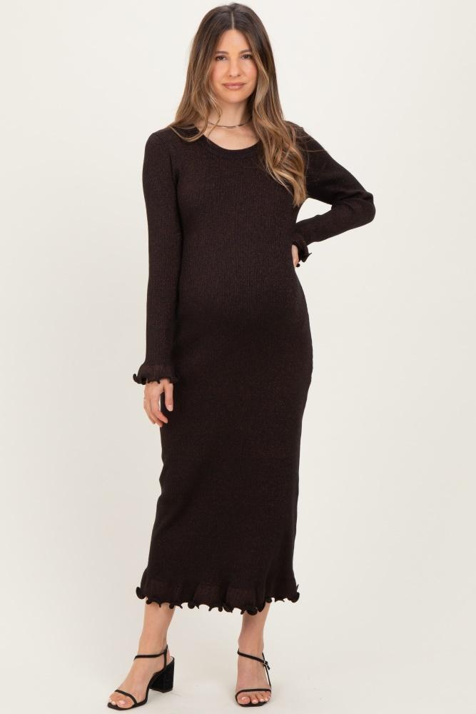 black shimmer lettuce edge maternity midi dress